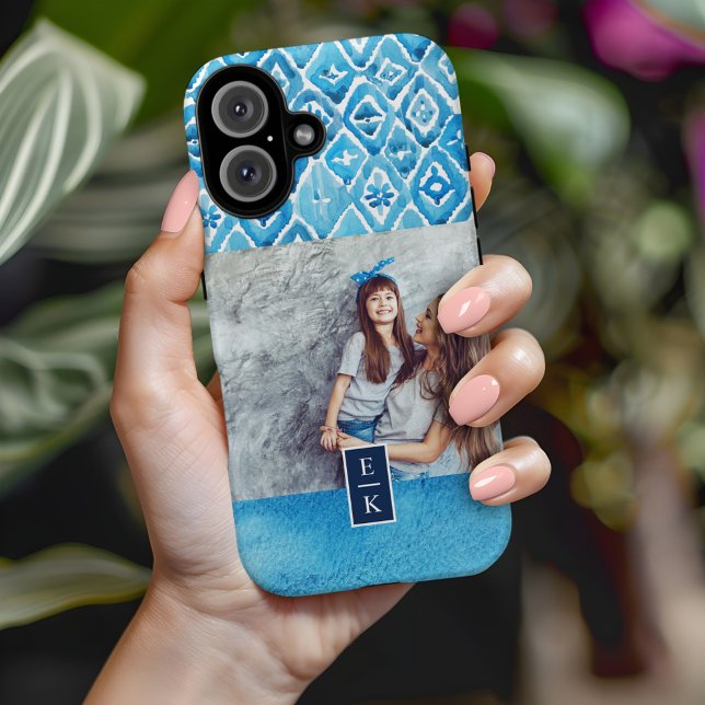 Funda iPhone 16 Impresión de acuarela azul Boho | Foto Monogramada (Subido por el creador)