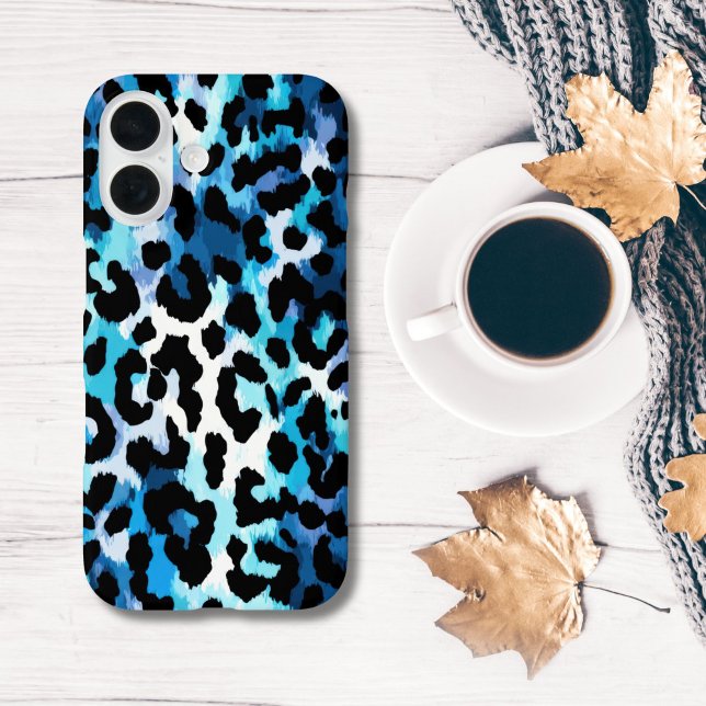 Funda iPhone 16 Impresión de animal de leopardo guepardo azul negr (Blue Black Leopard Cheetah Animal Print iPhone Case )