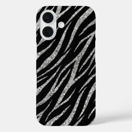 Funda iPhone 16 Impresión de cebra de lujo Feminine Black & Silver