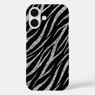 Funda iPhone 16 Impresión de cebra de lujo Feminine Black & Silver