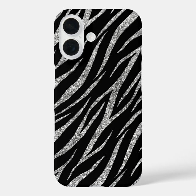 Funda iPhone 16 Impresión de cebra de lujo Feminine Black & Silver (Reverso )