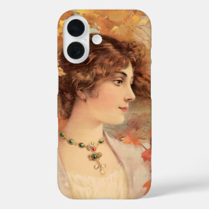 Funda iPhone 16 Impresión de Mujer de Otoño Art Nouveau con Follaj