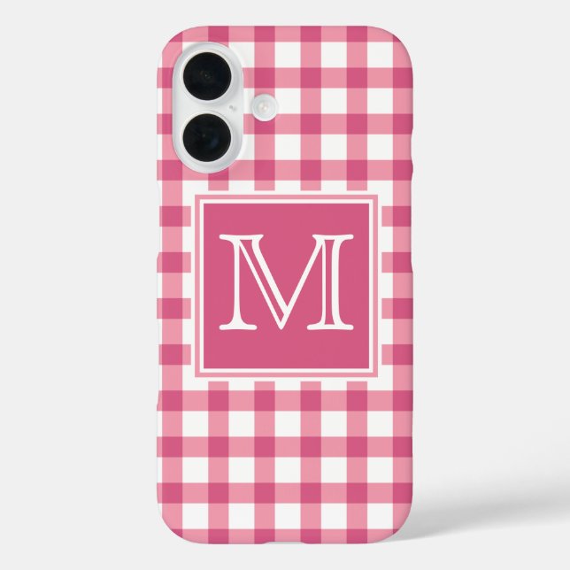 Funda iPhone 16 Inicial | Comprobador de platillos de Gingham rosa (Reverso )