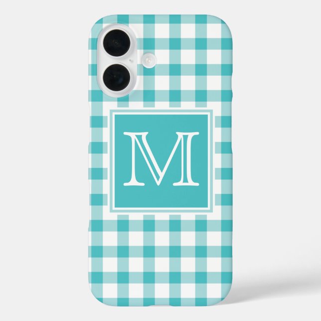 Funda iPhone 16 Inicial | Green Gingham Plaid Checker Simple (Reverso )