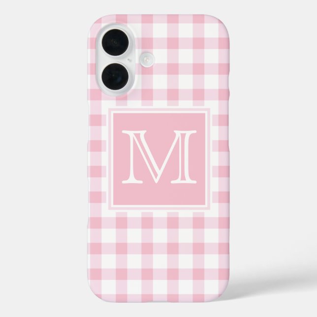 Funda iPhone 16 Inicial | Pastel Pink Girly Gingham Plaid Checker (Reverso )