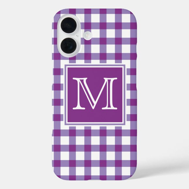 Funda iPhone 16 Inicial | Purple Gingham Plaid Tartan Checker (Reverso )