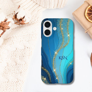 Funda iPhone 16 Iniciales de monograma azul dorado brillo
