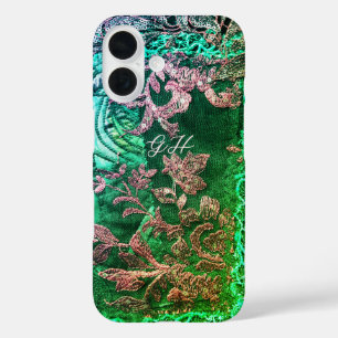 Funda iPhone 16 Iniciales de monograma elegante Rosa verde floral 