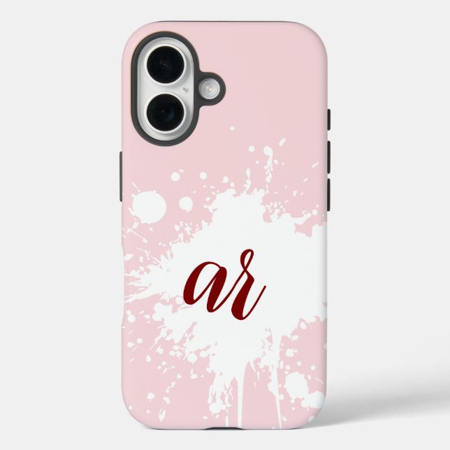 Funda iPhone 16 Iniciales de monograma Polvo Rosa Blanco Salpicadu (Reverso )