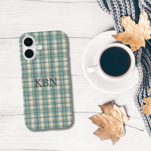 Funda iPhone 16 Iniciales de monograma verde azul beige a cuadros