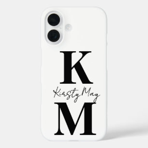 Funda iPhone 16 Iniciales Modernas Nombre Blanco Negro Personaliza