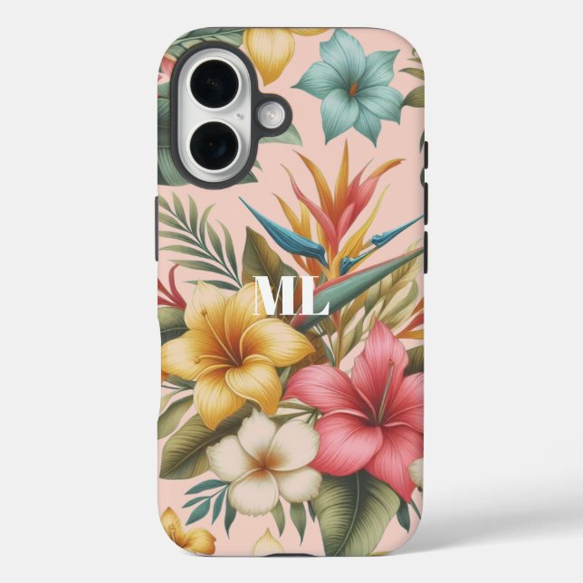 Funda iPhone 16 Isla Flores Tropicales Diseño Monograma (Reverso )