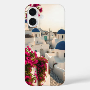 Funda iPhone 16 Isla griega de cúpula azul encalada de Santorini