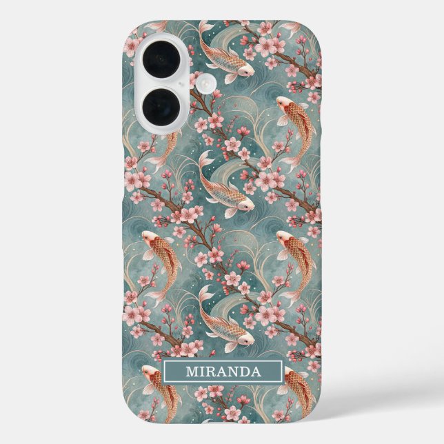 Funda iPhone 16 Japanese Sakura Koi Fish Pattern Monogrammed (Reverso )