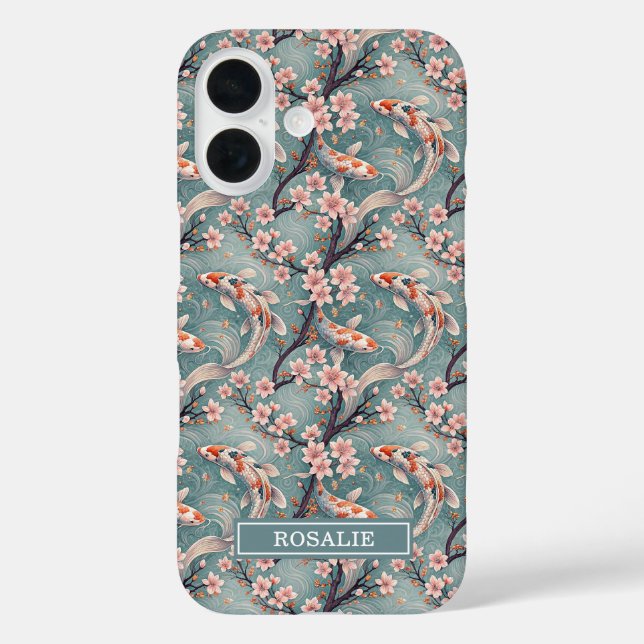 Funda iPhone 16 Japanese Sakura Koi Fish Print Monogrammed (Reverso )