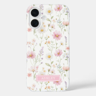 Funda iPhone 16 Jardín de flores silvestres rosadas monogramado