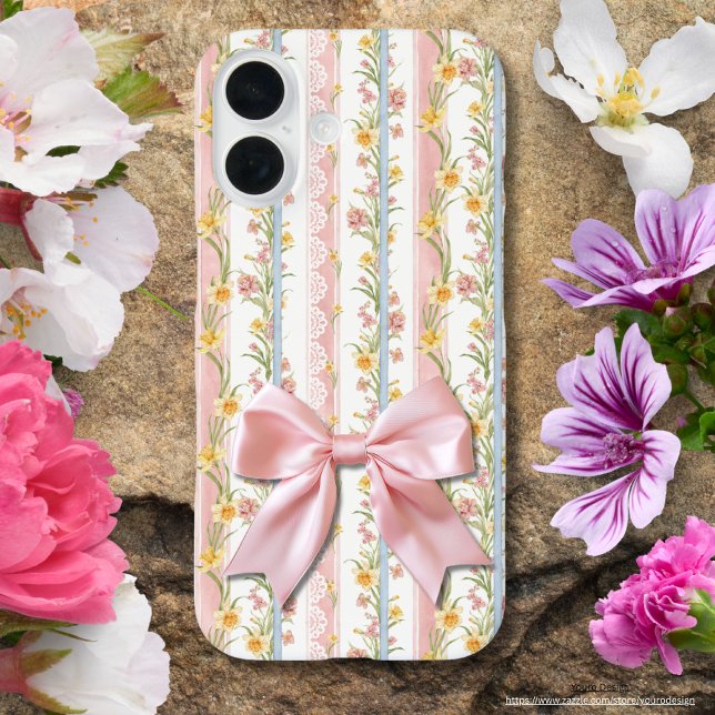 Funda iPhone 16 Jardín romántico encaje blanco amarillo y rosa (Subido por el creador)