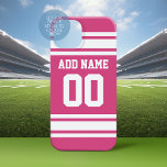 Funda iPhone 16 Jersey blanco rosado de deportes con nombre y núme<br><div class="desc">Este diseño deportivo es perfecto para cualquier atleta que juegue lacrosse,  fútbol o softball. Cambias los números a tu número de suerte o incluso una edad especial para una celebración de cumpleaños.</div>