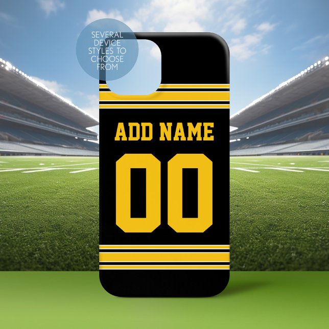 Funda iPhone 16 Jersey de fútbol - Nombre dorado negro y número de (Personalized Phone Case with a Football Jersey Stripe Design)