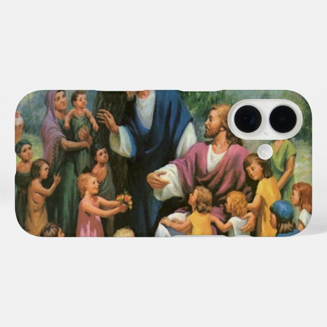 Funda iPhone 16 Jesucristo bendiciendo a los niños, religión vinta (Reverso (Horizontal))