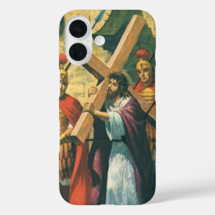 Funda iPhone 16 Jesucristo llevando la cruz a su crucifixión