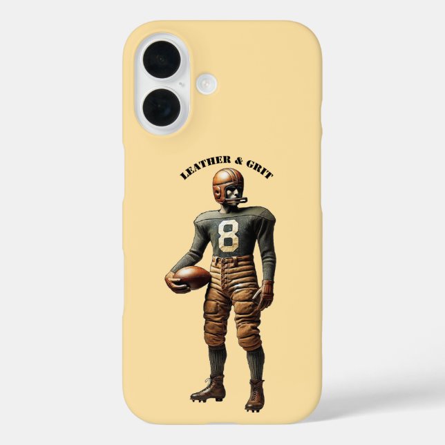 Funda iPhone 16 Jugador de fútbol de época con casco de cuero URM (Reverso )
