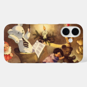 Funda iPhone 16 Juguetes de Navidad vintage, muñecas bailando, oso