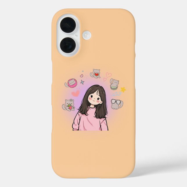 Funda iPhone 16 Kawaii Anime Woman & Cat Case (Reverso )