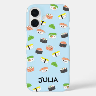 Funda iPhone 16 Kawaii personalizado, sushi ilustracion azul lindo