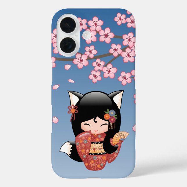 Funda iPhone 16 Kitsune Kokeshi Doll - Chica negro Fox Geisha (Reverso )