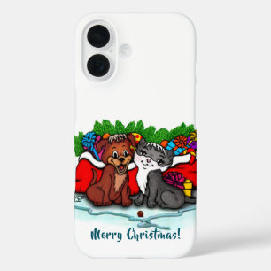 Funda iPhone 16 Kitty y cachorro, Feliz Navidad