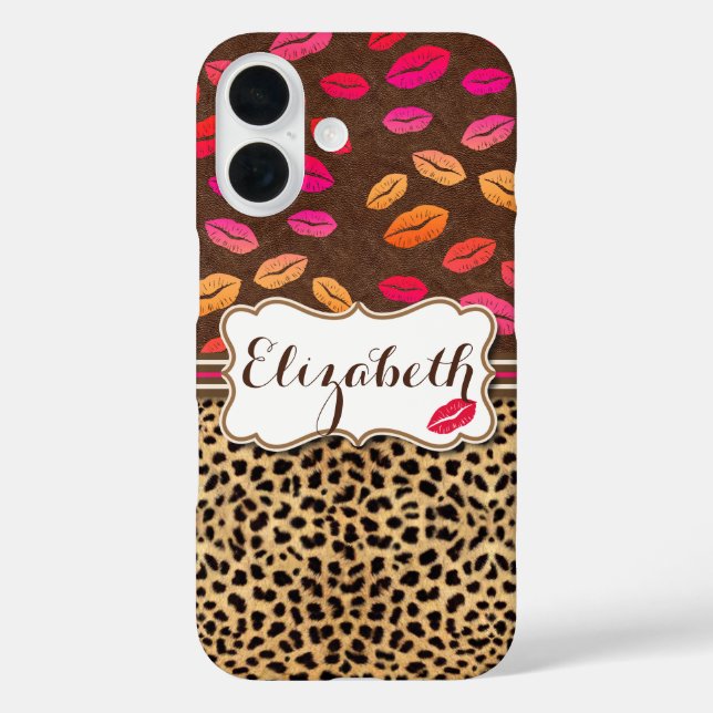 Funda iPhone 16 Labios de Estampado de Leopardo Besos Personalizad (Reverso )
