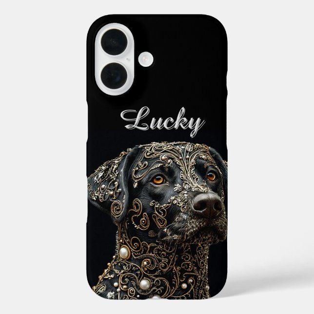 Funda iPhone 16 Labrador Negro Con Intrincado Oro y Perla (Reverso )
