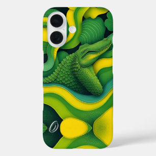 Funda iPhone 16 Lagarto Cocodrilo Dragón Monograma Verde Amarillo 