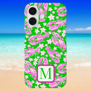 Funda iPhone 16 Langostas Rosadas Elegantes Monograma Verde Floral