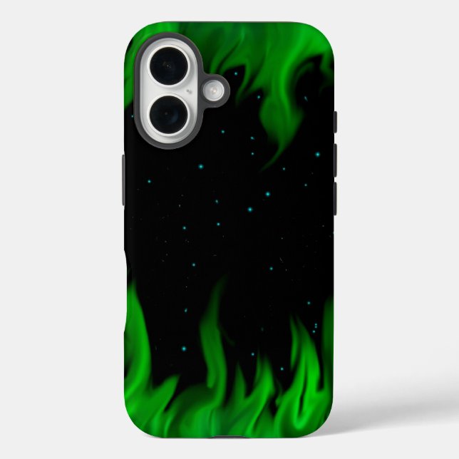 Funda iPhone 16 Las llamas verdes en el cielo estrellado (Reverso )