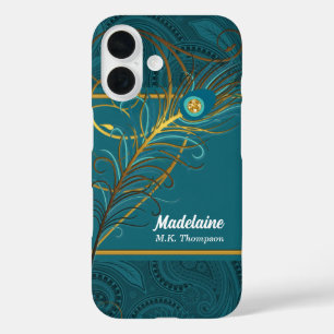 Funda iPhone 16 Las plumas de pavo real en la Verde azulada Paisle