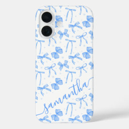 Funda iPhone 16 Lazo Coquette Azul con Nombre Personalizado 