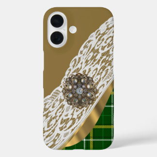 Funda iPhone 16 Lazo de ciruela de tartán verde