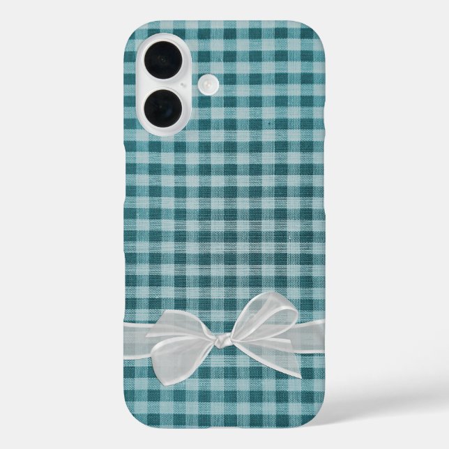 Funda iPhone 16 Lazo transparente blanco sobre gingham (Reverso )