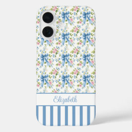 Funda iPhone 16 Lazos Coquetos Azules Con Flores Monogramadas