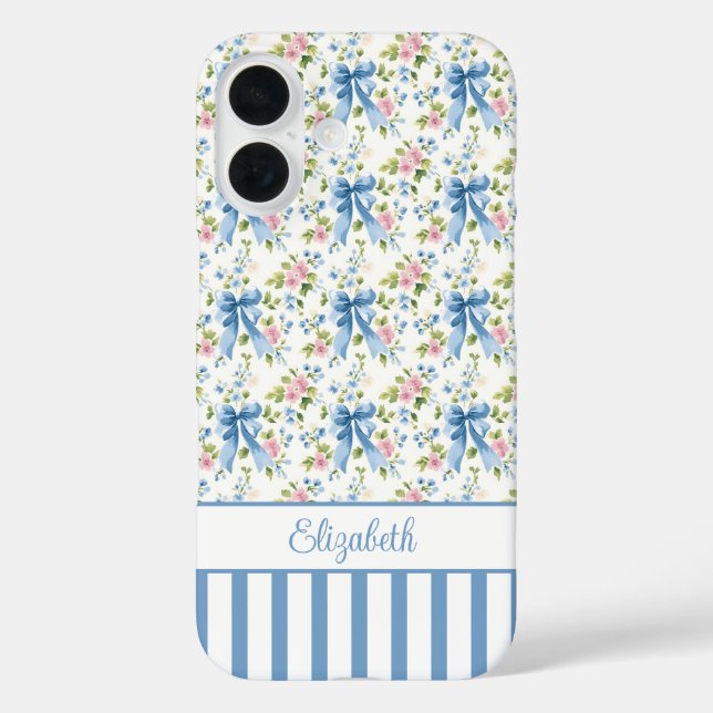 Funda iPhone 16 Lazos Coquetos Azules Con Flores Monogramadas  (Reverso )