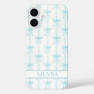 Funda iPhone 16 Lazos Coquette Aqua Rayas Monograma