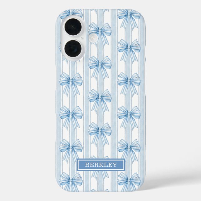 Funda iPhone 16 Lazos Coquette Azules en Rayas Monogramadas (Reverso )