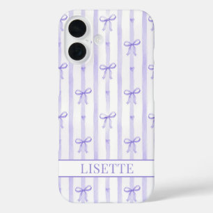 Funda iPhone 16 Lazos de Coqueta de Rayas Moradas Elegantes con Mo