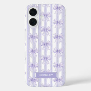 Funda iPhone 16 Lazos de Coqueta Morada en Rayas Monogramadas