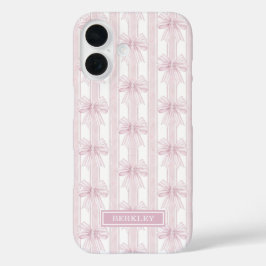 Funda iPhone 16 Lazos de Coqueta Rosa en Rayas Monogramadas
