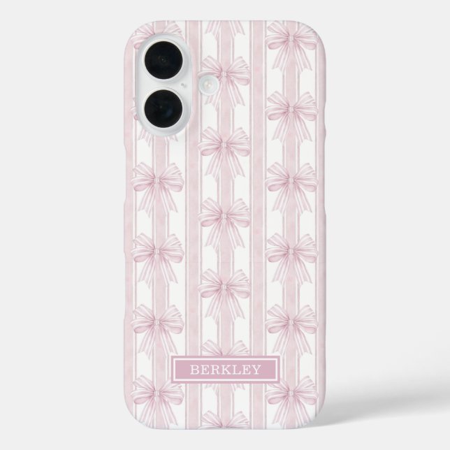 Funda iPhone 16 Lazos de Coqueta Rosa en Rayas Monogramadas (Reverso )