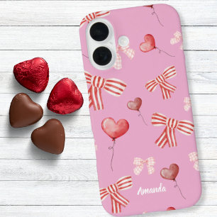 Funda iPhone 16 Lazos y globos de corazón rojos blancos del día de