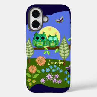 Funda iPhone 16 Lechuzas en tierra de verano y nombre personalizad